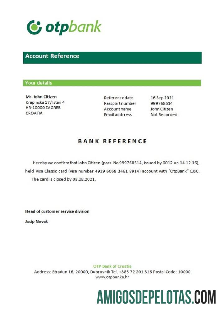 Referência de fechamento do Otpbank da Croácia exemplo